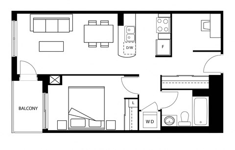 Floor plan for 1 bed, 1 bath, 665 sqft